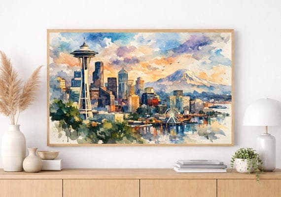 Framed Seattle Skyline Watercolor Print, Seattle Wall Art, Space Needle Colorful Decor - Seattle watercolor art print by Beautiful Cityscapes
