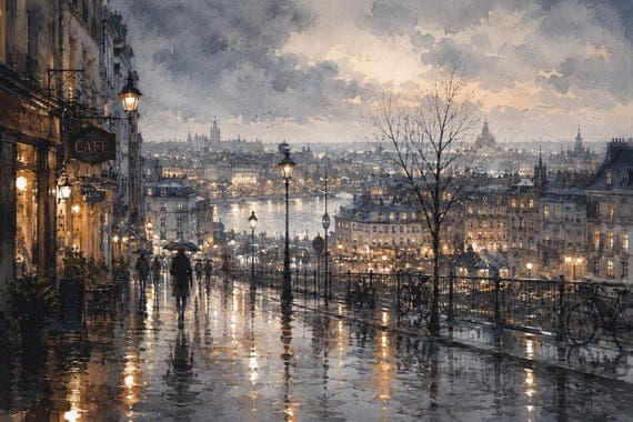Rainy Paris Watercolor Print | Moody Cityscape Wall Art | Montmartre Café Decor by BeautifulCityscapes - Paris watercolor art print by Beautiful Cityscapes