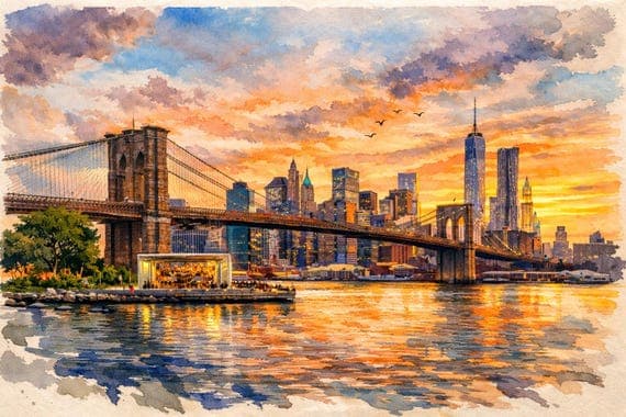 Brooklyn Bridge Watercolor Print | NYC Wall Art | New York colorful Art - New York watercolor art print by Beautiful Cityscapes