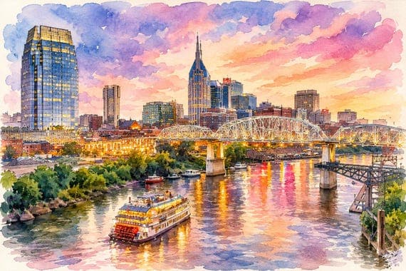 Nashville Watercolor Print, Nashville Skyline Wall Art, Tennessee Travel Poster, - Nashville watercolor art print by Beautiful Cityscapes