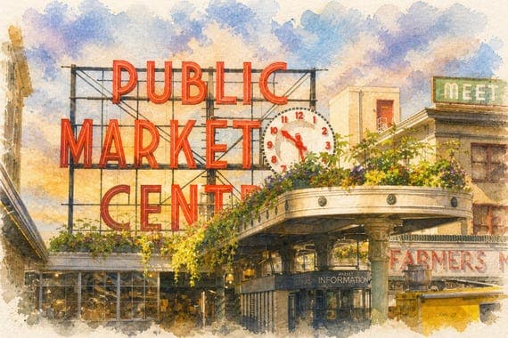 Seattle Pike Place Market Watercolor Print, Seattle Cityscape Painting, Pacific Northwest Travel Art - Seattle watercolor art print by Beautiful Cityscapes