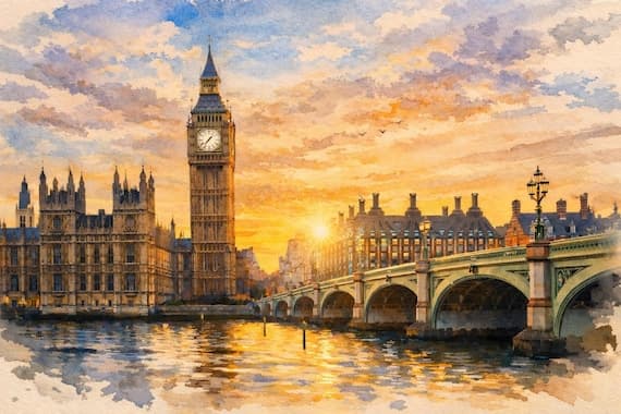 London Skyline Watercolor Print, Big Ben, Westminster Cityscape - London watercolor art print by Beautiful Cityscapes