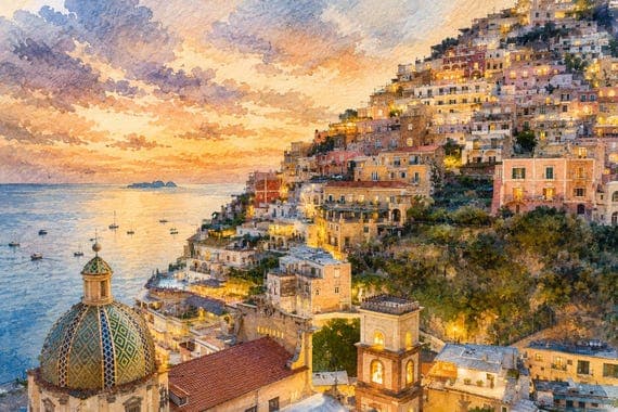 Positano Watercolor Print | Italian Coastal Wall Art | Mediterranean Sunset Decor by BeautifulCityscapes - Other watercolor art print by Beautiful Cityscapes