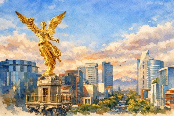 Angel of Independence Watercolor Print, Mexico City Wall Art - Mexico City watercolor art print by Beautiful Cityscapes