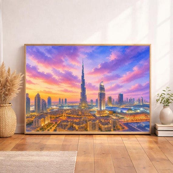 Dubai Watercolor Print, Dubai Skyline Wall Art, Burj Khalifa Art Print by BeautifulCityscapes - Dubai watercolor art print by Beautiful Cityscapes