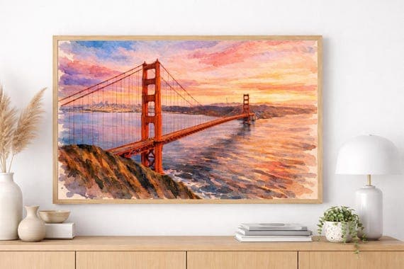 San Francisco Golden Gate Bridge Watercolor Wall Art | SF Cityscape Painting | California Travel Decor thumbnail