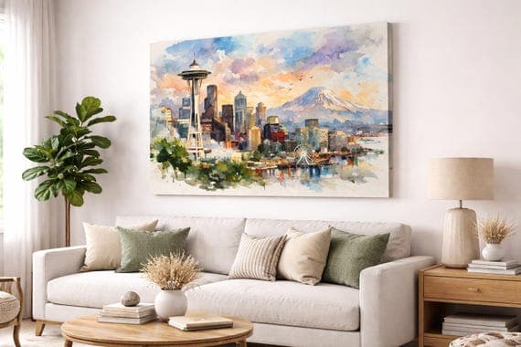 Seattle Skyline Canvas, Space Needle Wall Art, Seattle Cityscape Print, Modern Urban Decor by BeautifulCityscapes - Seattle watercolor art print by Beautiful Cityscapes