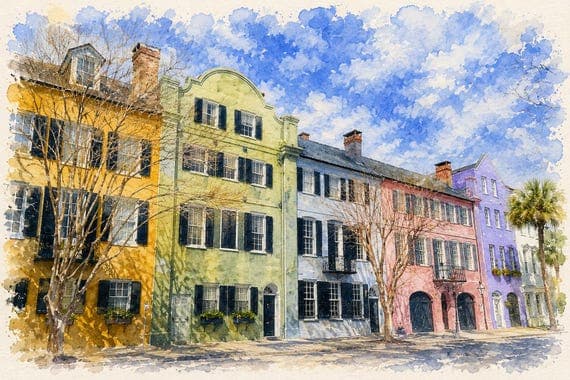 Charleston Rainbow Row Print | North Carolina Watercolor Wall Art | Historic Southern Decor by BeautifulCityscapes - Other watercolor art print by Beautiful Cityscapes