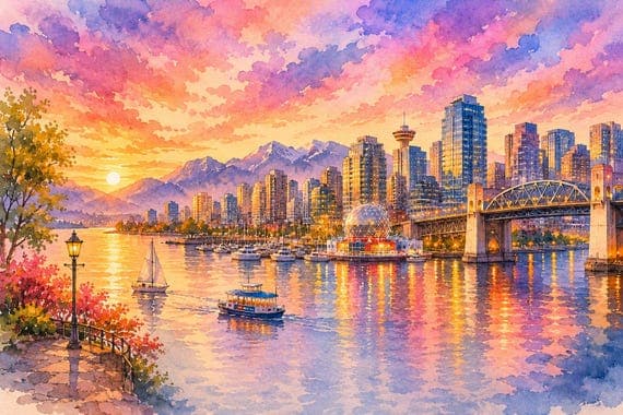 Vancouver Watercolor Print, Vancouver Skyline Wall Art, British Columbia Canada Travel Poster - Vancouver watercolor art print by Beautiful Cityscapes