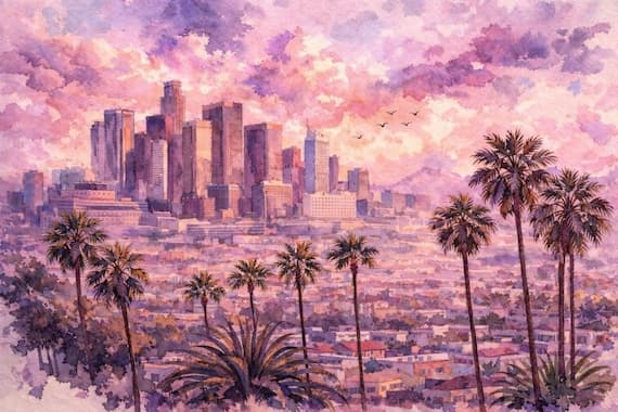 Los Angeles Skyline Watercolor Print, Pink Sunset Palm Trees by BeautifulCityscapes - Los Angeles watercolor art print by Beautiful Cityscapes