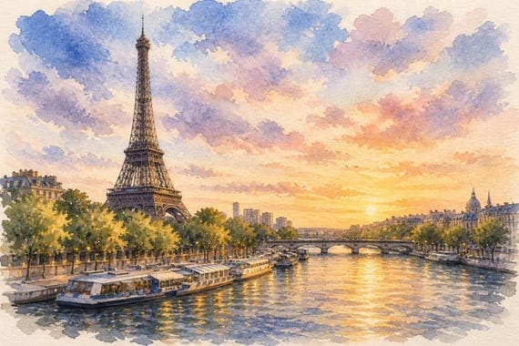 Paris Watercolor Wall Art, Eiffel Tower Sunset Print, French Cityscape Decor - Paris watercolor art print by Beautiful Cityscapes