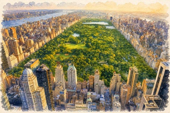 New York watercolor print with Statue of Liberty and Manhattan skyline including One World Trade Center at golden sunset