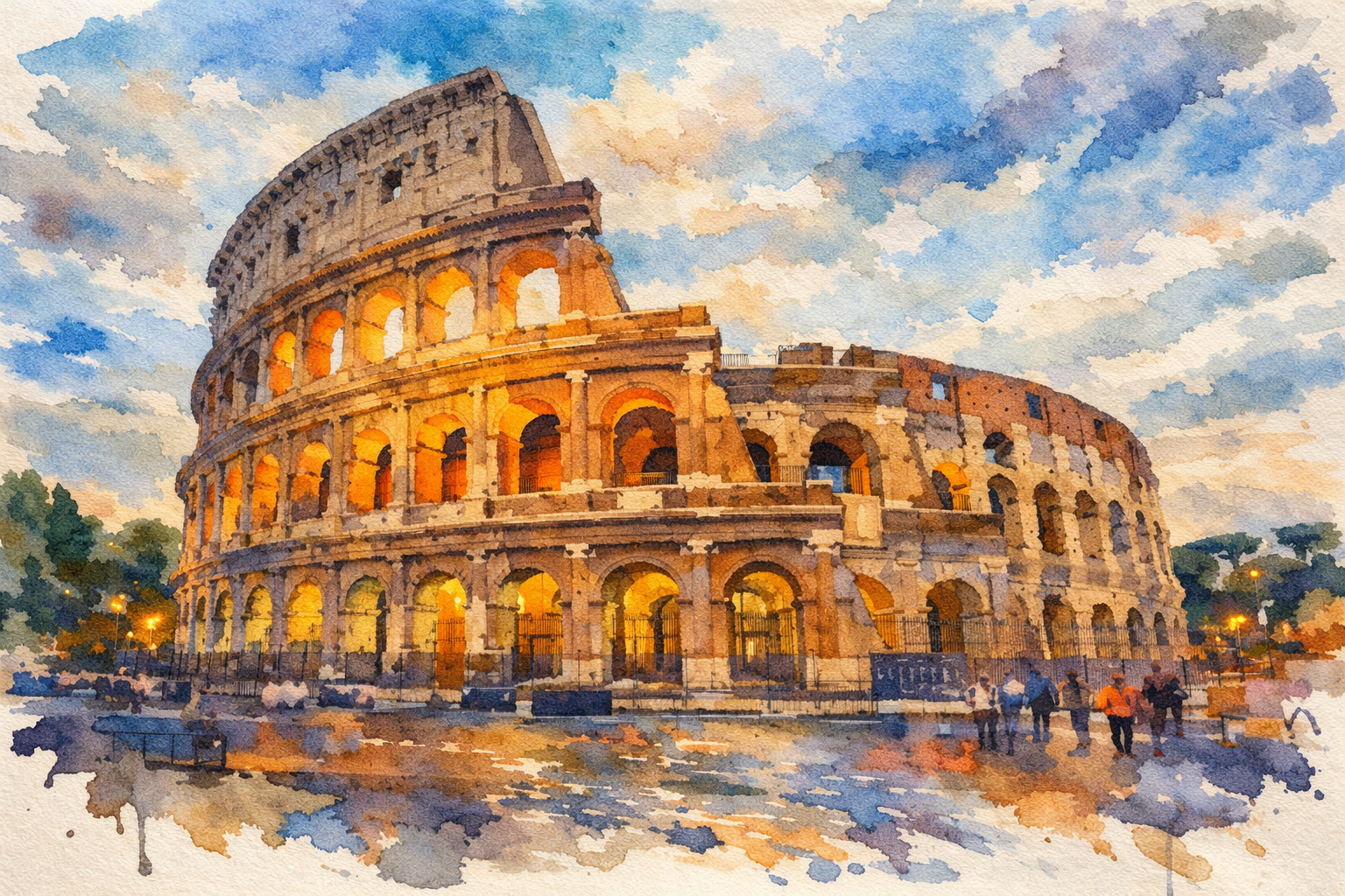 Rome Watercolor Print - Colosseum & Trevi Fountain - Rome watercolor art print