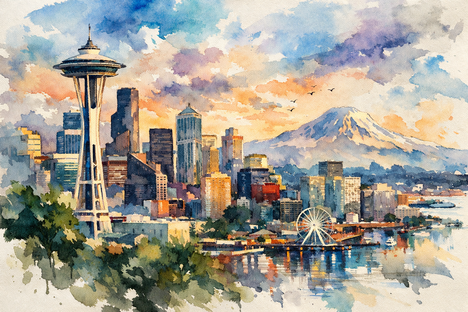 Seattle Skyline Watercolor Print - Seattle watercolor art print